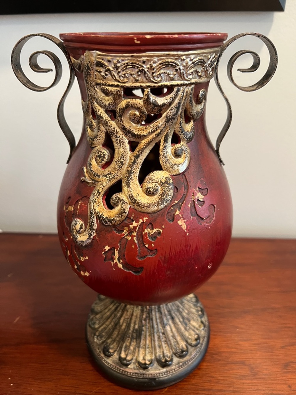 Red Decorative Scroll Metal and Resin Vase - Unbranded